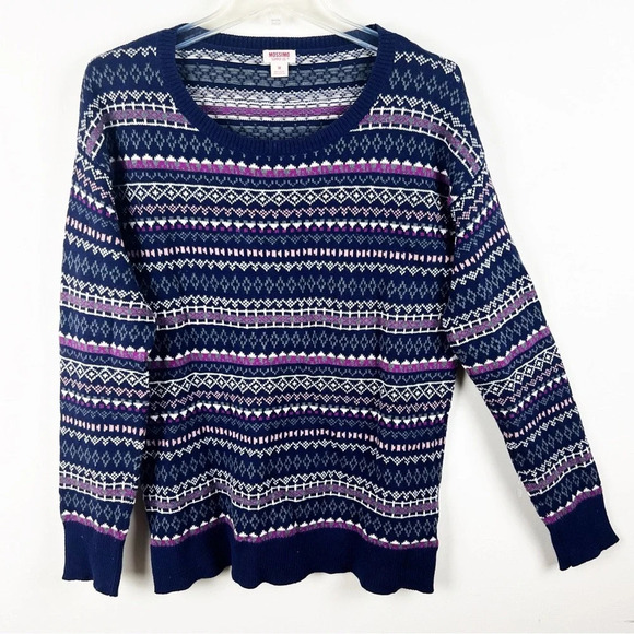 Mossimo Fair Isle Crew Neck Sweater 100% Cotton Navy Blue Pink Ski Cabin Medium - Picture 1 of 10